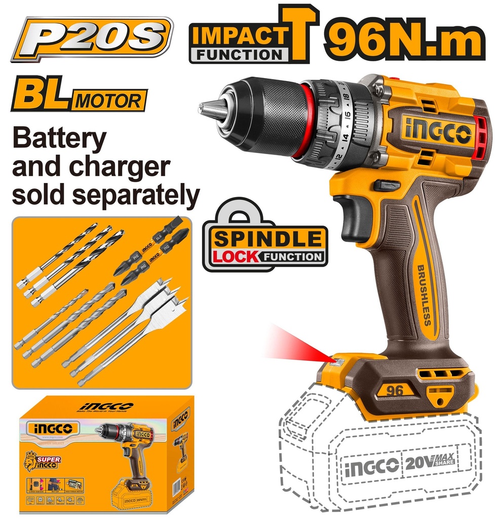 CIDLI209681 20V LI-ION COMPACT BRUSHLESS CORDLESS IMPACT DRILL 96NM
